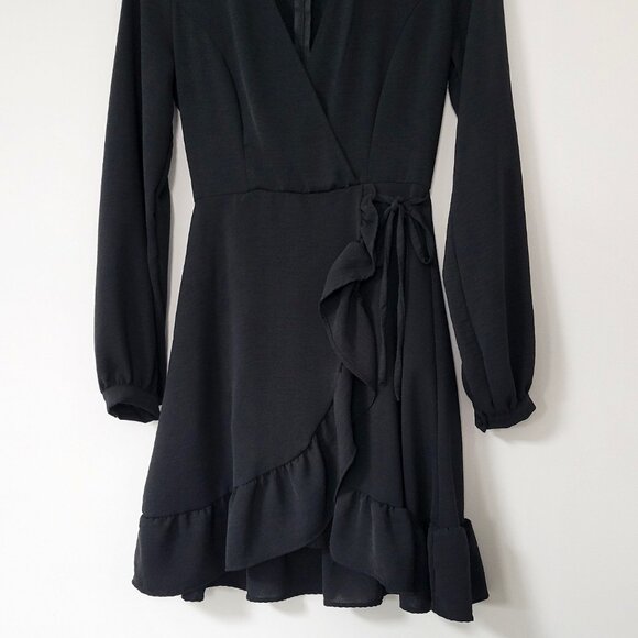 Altar’d State Faux Wrap Style Mini Dress Black Ruffled V-Neck - Picture 4 of 9
